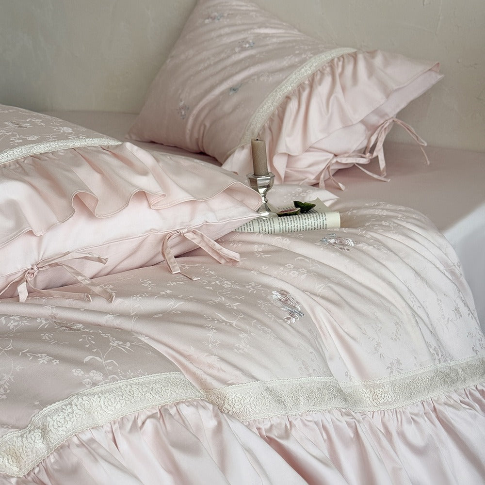 VILZSTUDIOS blush pink butterfly and floral embroidered bedding set with lace borders and gathered ruffles