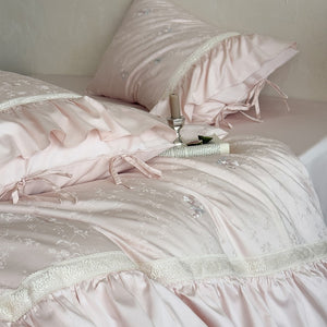 VILZSTUDIOS blush pink butterfly and floral embroidered bedding set with lace borders and gathered ruffles