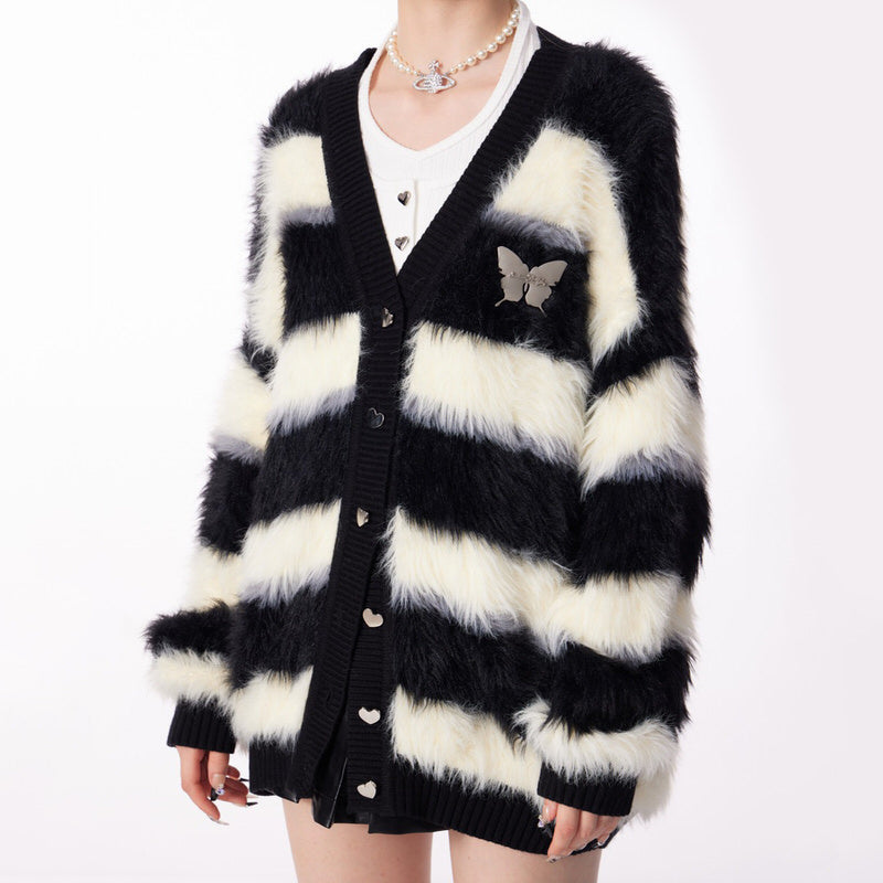 VILZSTUDIOS Striped cardigan with butterfly design and v-neck