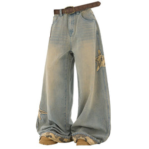 VILZSTUDIOS Wide leg denim jeans with star and camouflage details