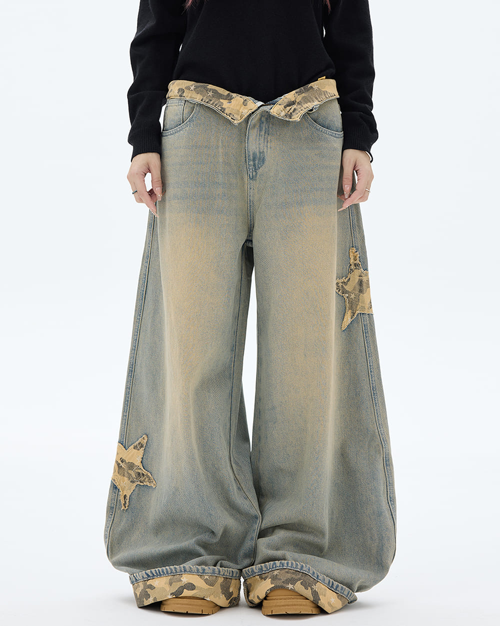 VILZSTUDIOS Wide leg denim jeans with star and camouflage details