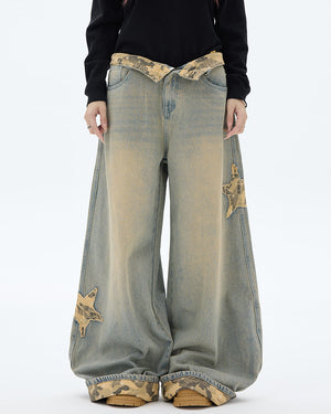 VILZSTUDIOS Wide leg denim jeans with star and camouflage details