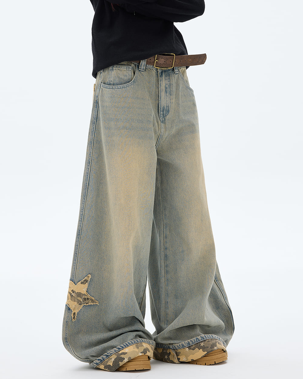 VILZSTUDIOS Wide leg denim jeans with star and camouflage details