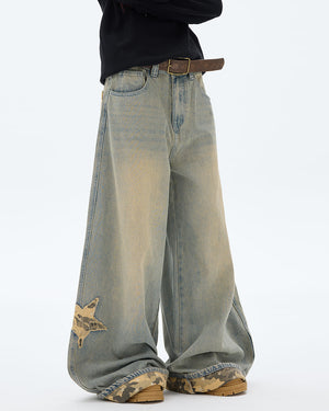 VILZSTUDIOS Wide leg denim jeans with star and camouflage details