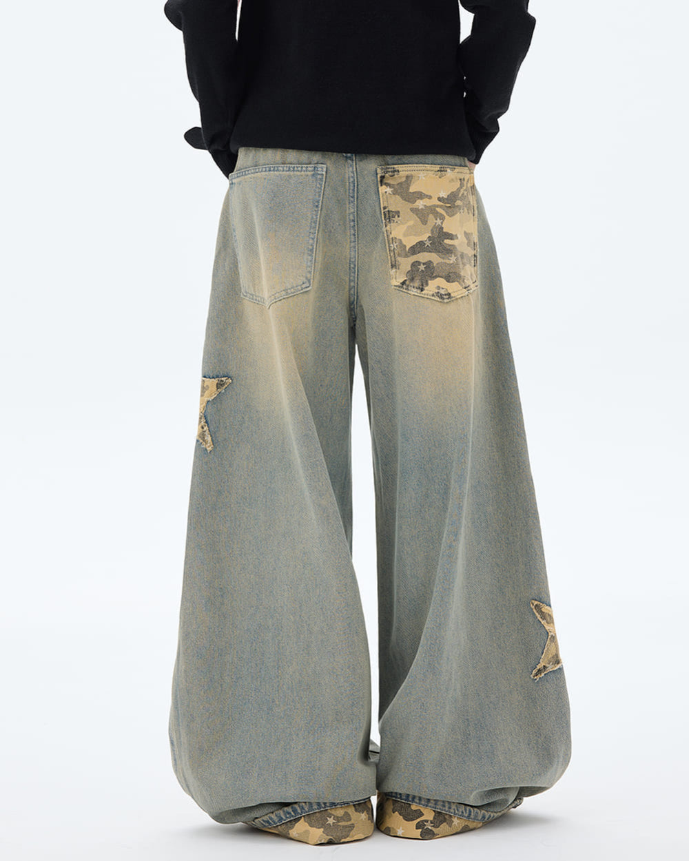 VILZSTUDIOS Wide leg denim jeans with star and camouflage details