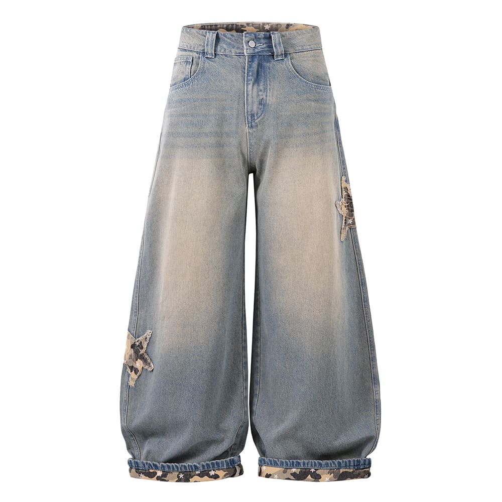 VILZSTUDIOS Wide leg denim jeans with star and camouflage details