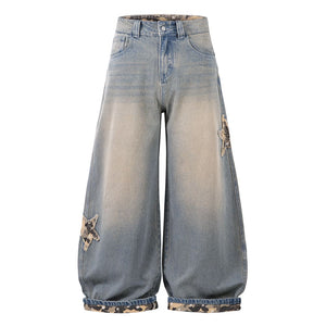 VILZSTUDIOS Wide leg denim jeans with star and camouflage details