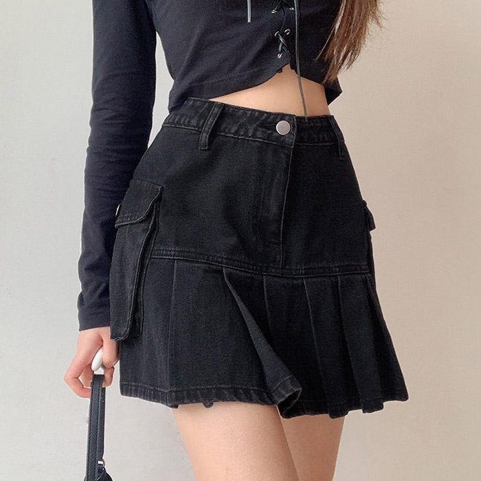 VILZSTUDIOS Denim mini skirt with pleated design and high waist