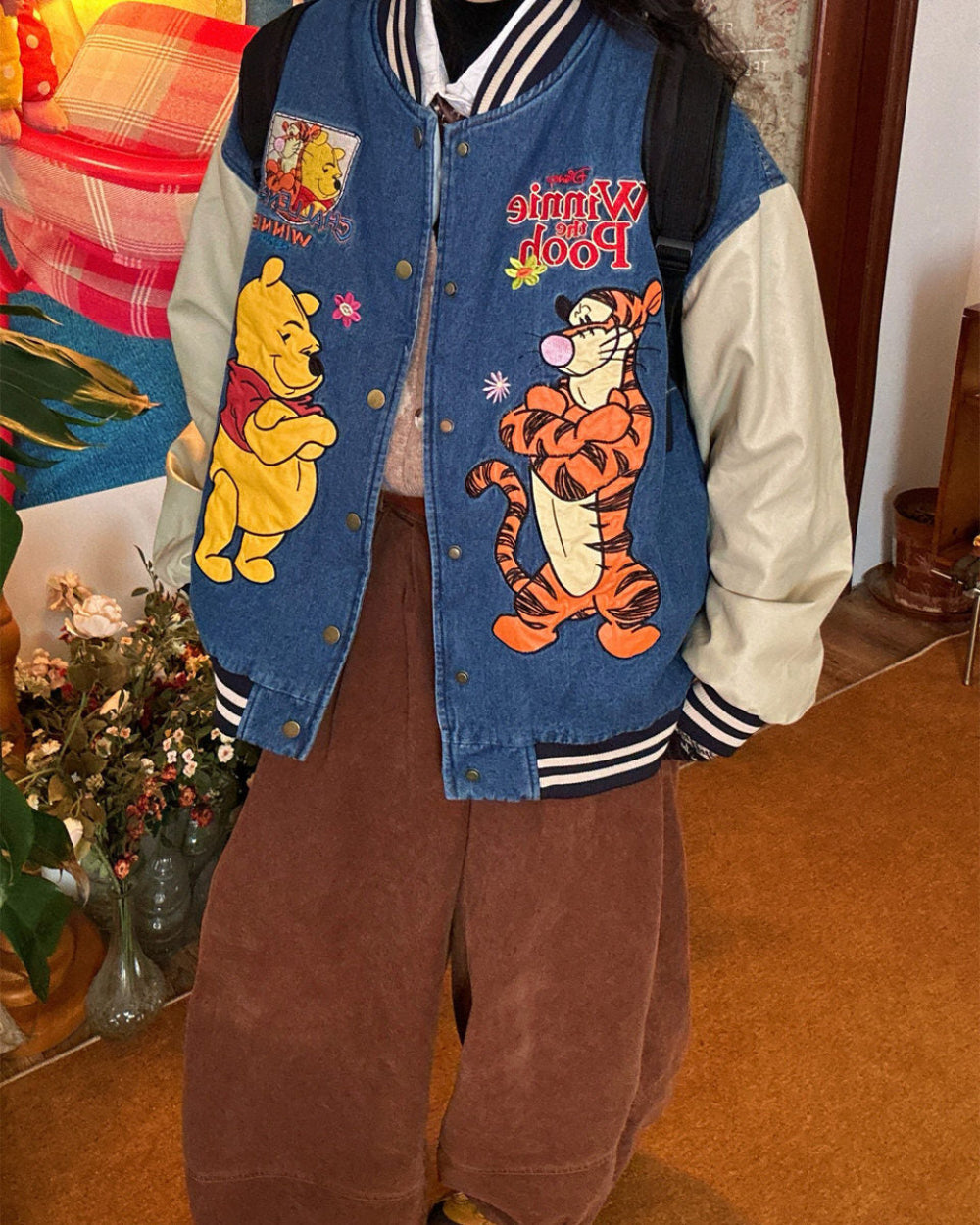 VILZSTUDIOS Cartoon embroidery denim bomber jacket for streetwear