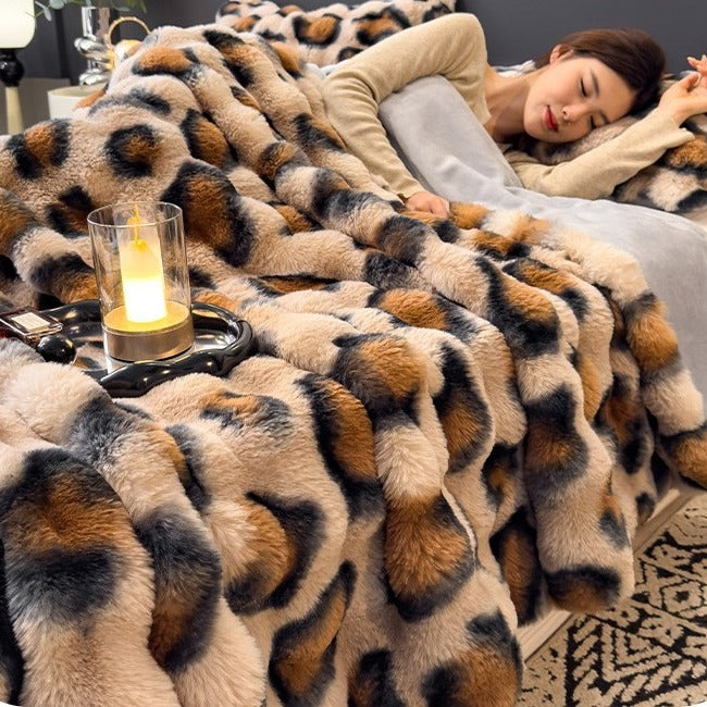 VILZSTUDIOS faux-fur throw blanket with carved channel texture in leopard, pink patterned, and neutral gray options
