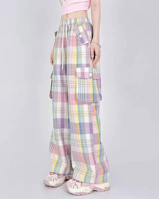 VILZSTUDIOS Casual plaid cargo pants with pockets