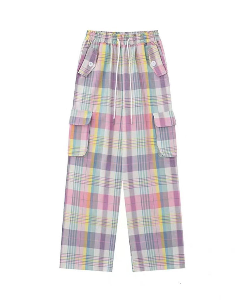 VILZSTUDIOS Casual plaid cargo pants with pockets