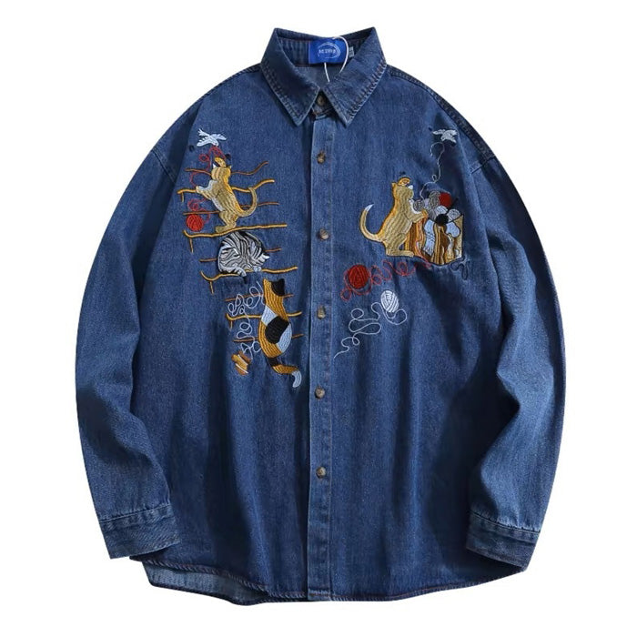 VILZSTUDIOS Cat embroidery retro style denim shirt