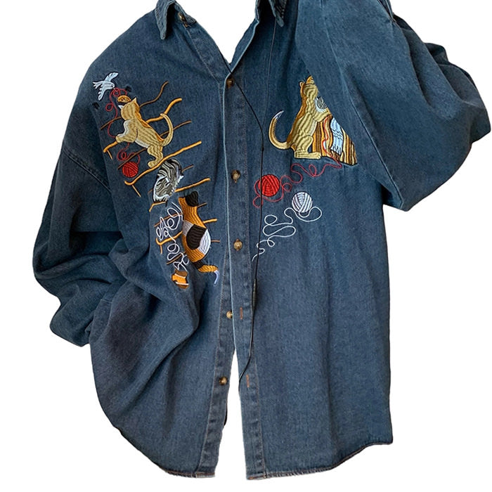 VILZSTUDIOS Cat embroidery retro style denim shirt