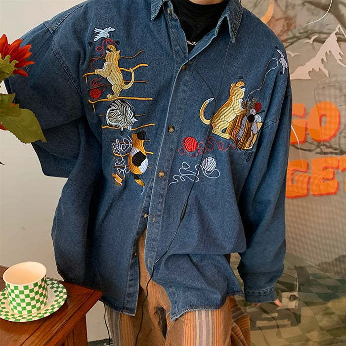 VILZSTUDIOS Cat embroidery retro style denim shirt