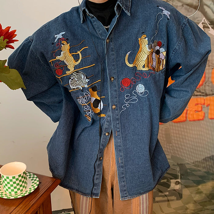 VILZSTUDIOS Cat embroidery retro style denim shirt