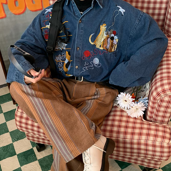 VILZSTUDIOS Cat embroidery retro style denim shirt