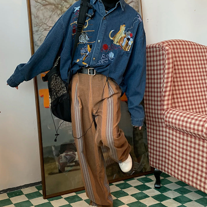 VILZSTUDIOS Cat embroidery retro style denim shirt