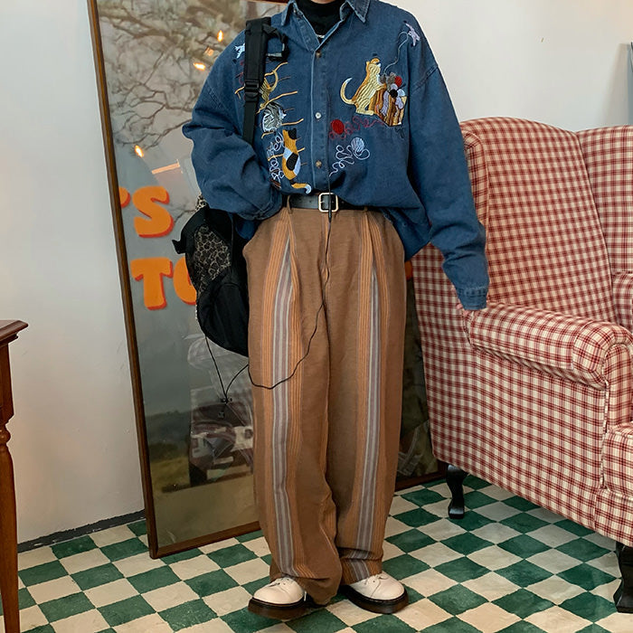 VILZSTUDIOS Cat embroidery retro style denim shirt