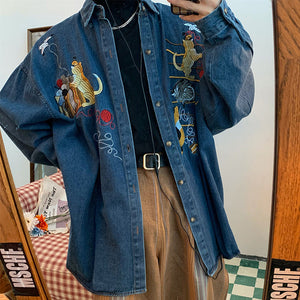 VILZSTUDIOS Cat embroidery retro style denim shirt