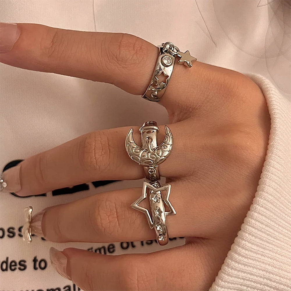 VILZSTUDIOS Celestial charm ring set featuring moon and star designs