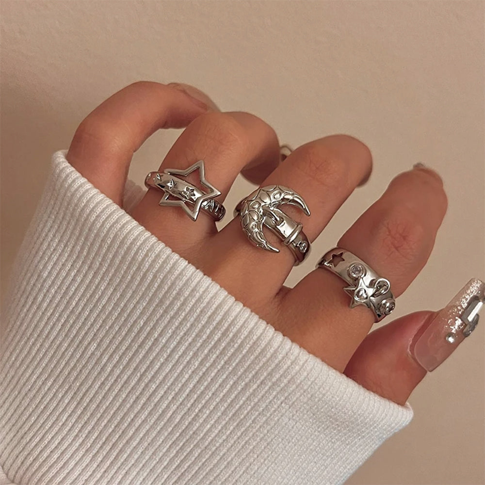 VILZSTUDIOS Celestial charm ring set featuring moon and star designs