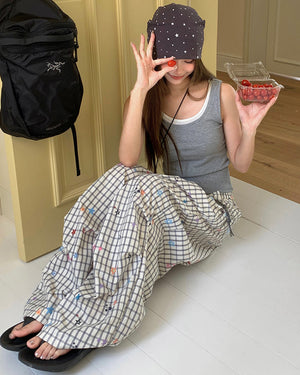 VILZSTUDIOS Wide leg pants with star and grid pattern