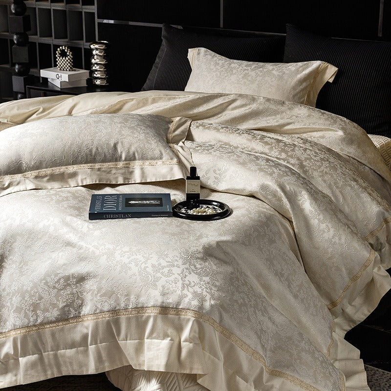 VILZSTUDIOS champagne ivory floral paisley damask duvet cover set with golden embroidered borders