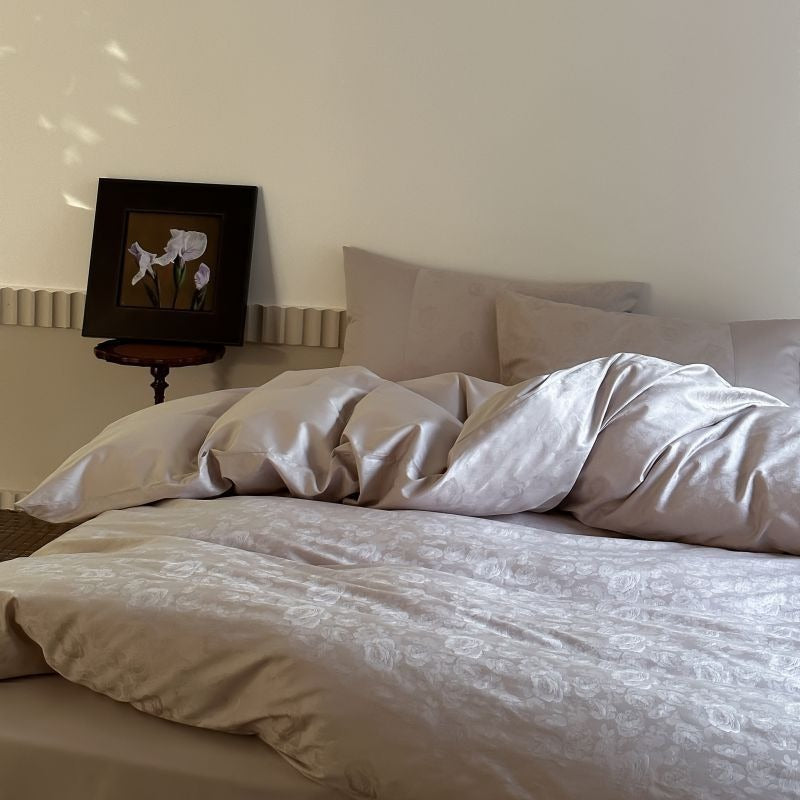 VILZSTUDIOS champagne floral damask jacquard bedding set with paneled pillowcases