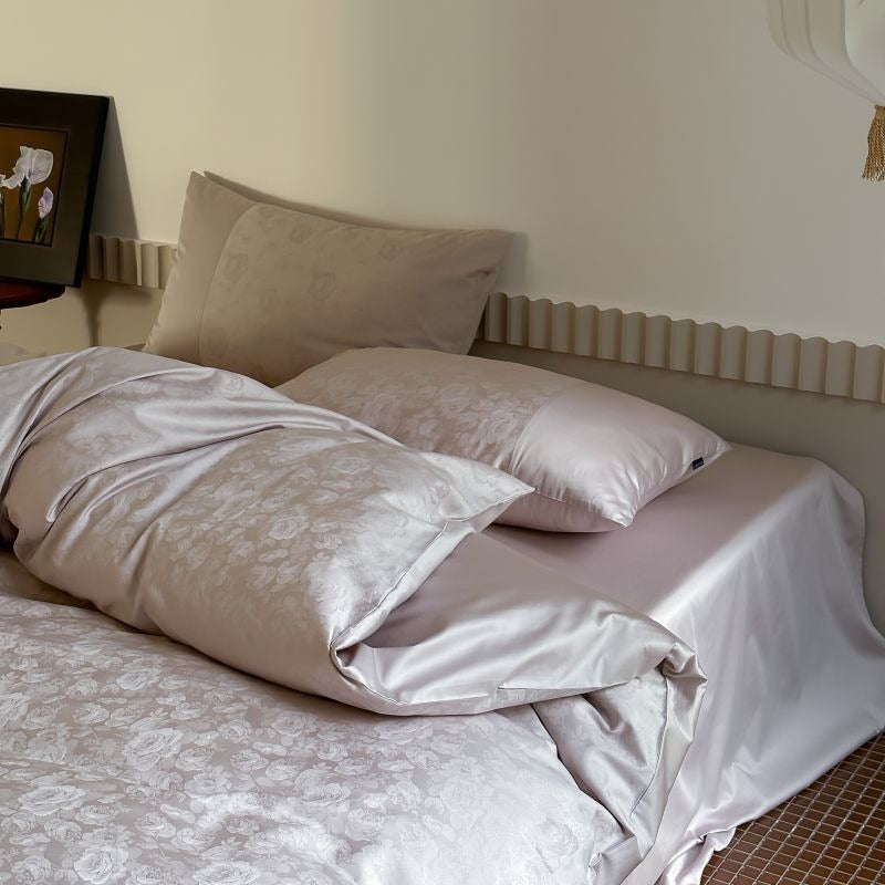 VILZSTUDIOS champagne floral damask jacquard bedding set with paneled pillowcases