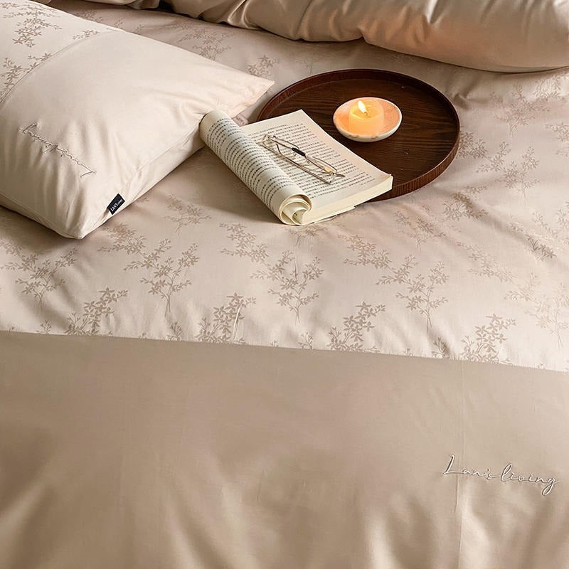 VILZSTUDIOS champagne beige floral jacquard duvet cover set with solid borders and script embroidery
