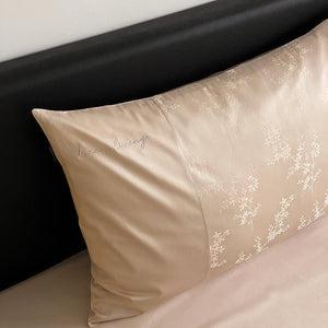 VILZSTUDIOS champagne beige floral jacquard duvet cover set with solid borders and script embroidery