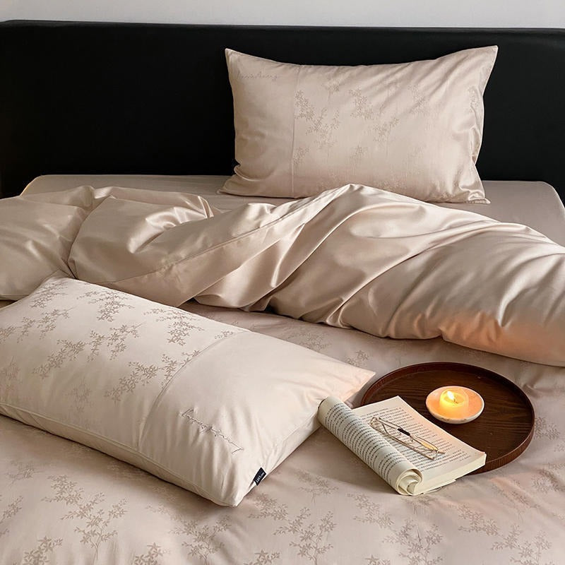 VILZSTUDIOS champagne beige floral jacquard duvet cover set with solid borders and script embroidery