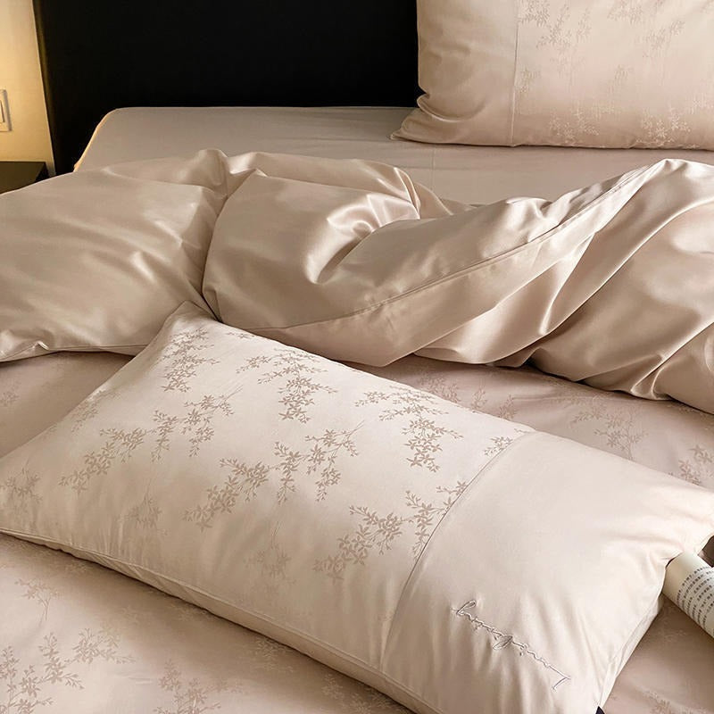 VILZSTUDIOS champagne beige floral jacquard duvet cover set with solid borders and script embroidery