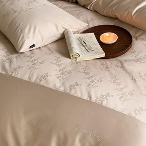 VILZSTUDIOS champagne beige floral jacquard duvet cover set with solid borders and script embroidery