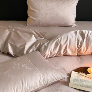 VILZSTUDIOS champagne beige floral jacquard duvet cover set with solid borders and script embroidery