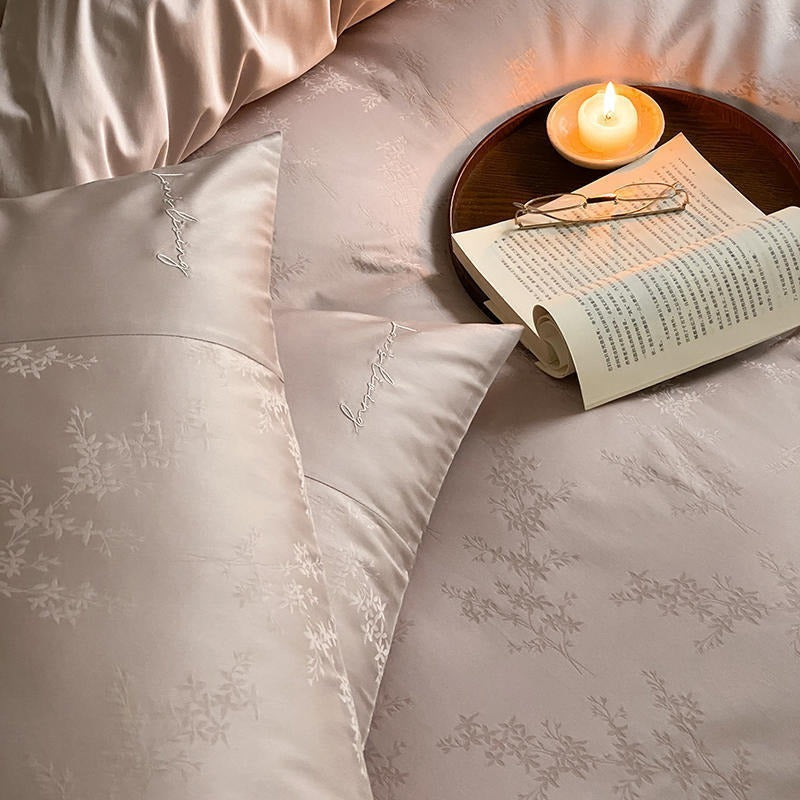 VILZSTUDIOS champagne beige floral jacquard duvet cover set with solid borders and script embroidery