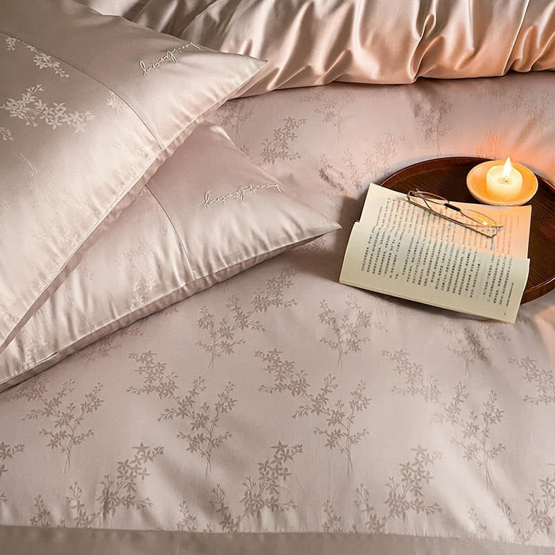 VILZSTUDIOS champagne beige floral jacquard duvet cover set with solid borders and script embroidery
