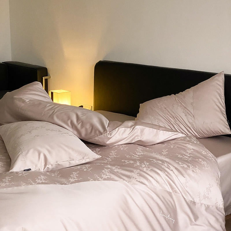 VILZSTUDIOS champagne beige floral jacquard duvet cover set with solid borders and script embroidery