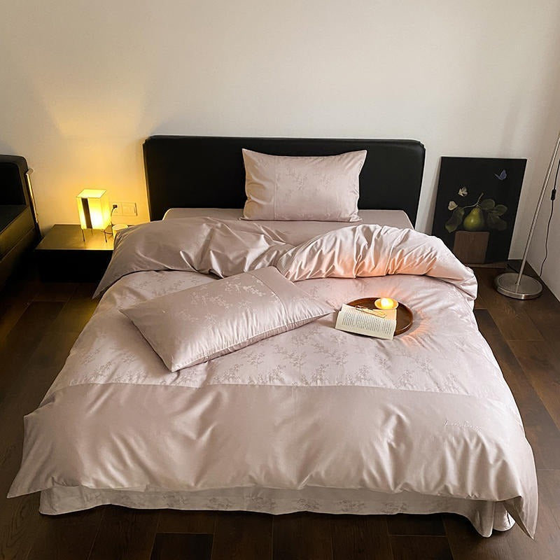 VILZSTUDIOS champagne beige floral jacquard duvet cover set with solid borders and script embroidery