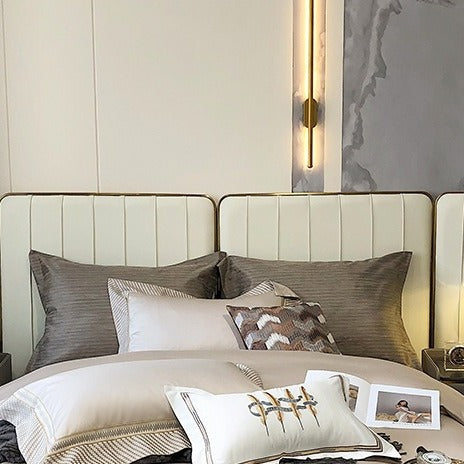 VILZSTUDIOS champagne and taupe satin bedding set with houndstooth borders and geometric ribbon trim