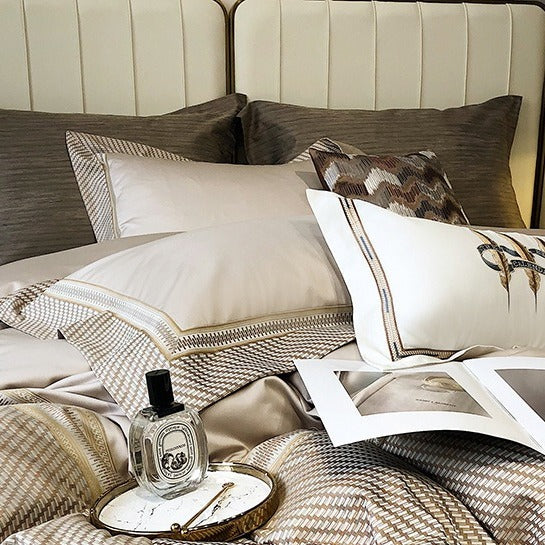 VILZSTUDIOS champagne and taupe satin bedding set with houndstooth borders and geometric ribbon trim