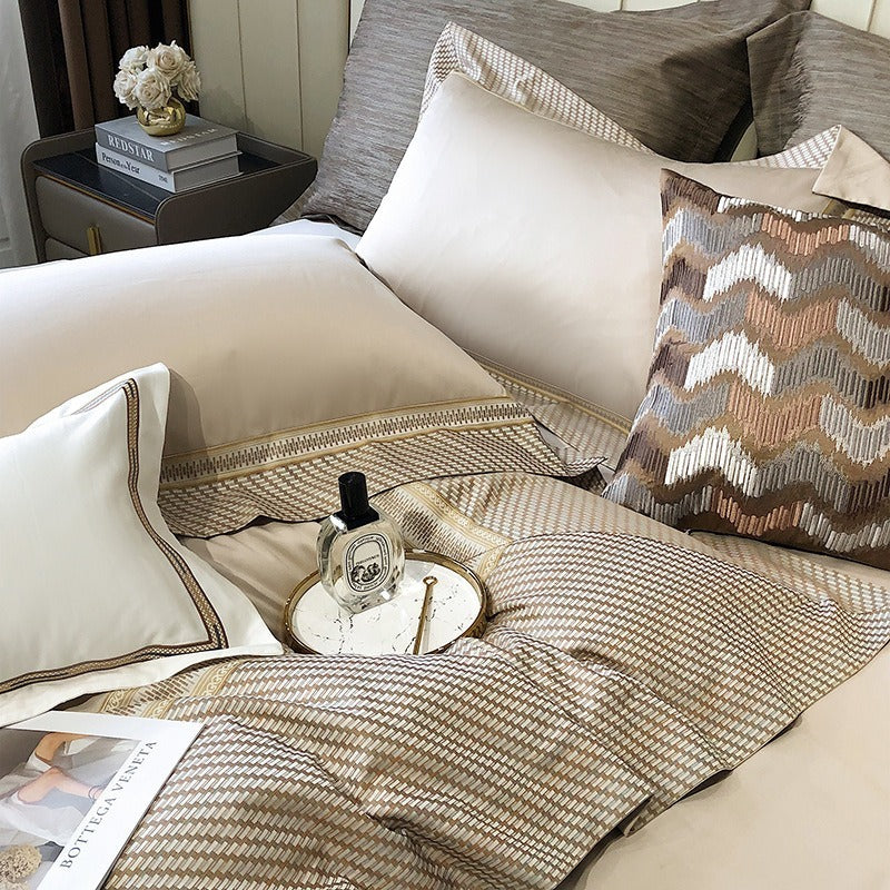 VILZSTUDIOS champagne and taupe satin bedding set with houndstooth borders and geometric ribbon trim