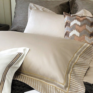 VILZSTUDIOS champagne and taupe satin bedding set with houndstooth borders and geometric ribbon trim