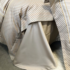 VILZSTUDIOS champagne and taupe satin bedding set with houndstooth borders and geometric ribbon trim