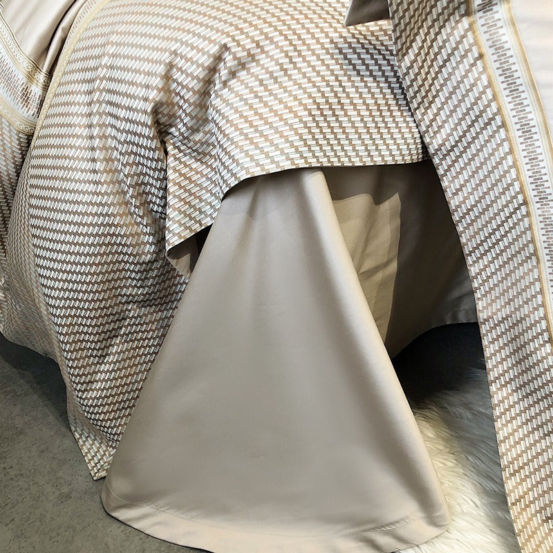 VILZSTUDIOS champagne and taupe satin bedding set with houndstooth borders and geometric ribbon trim