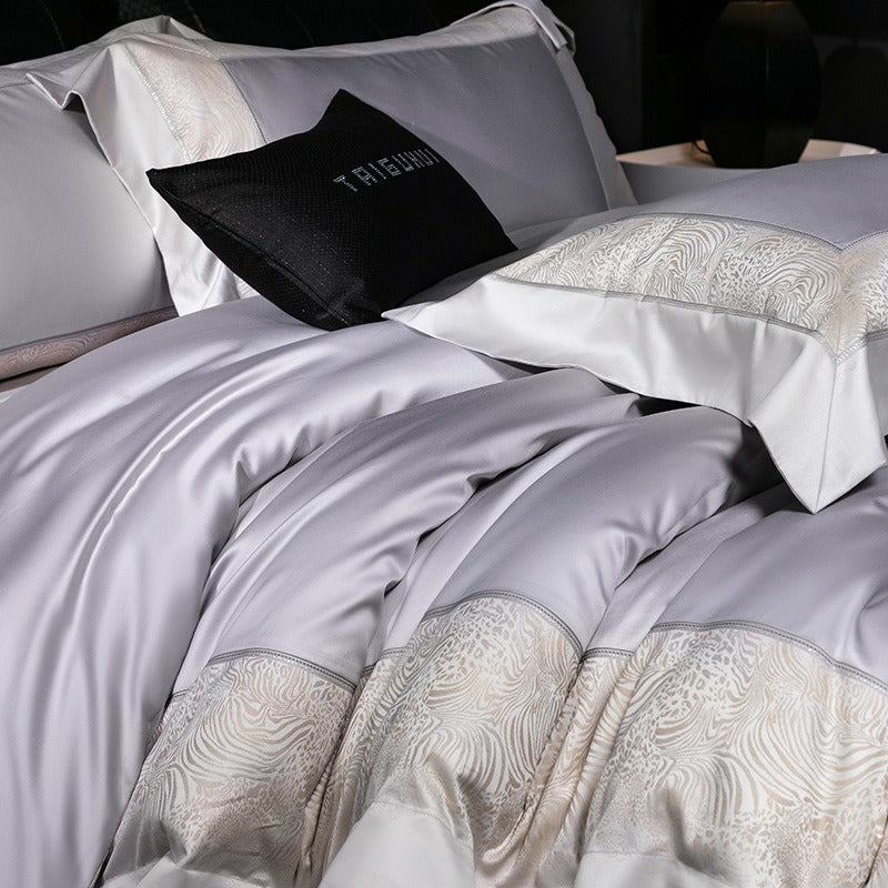 VILZSTUDIOS champagne and beige animal jacquard border duvet cover set with wide tailored flanges
