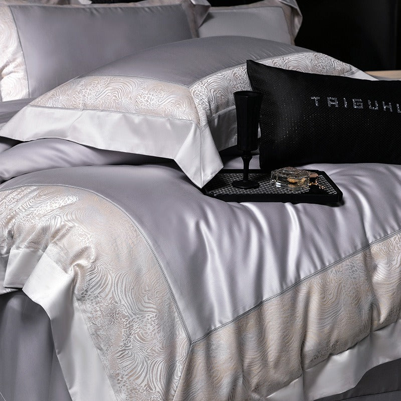 VILZSTUDIOS champagne and beige animal jacquard border duvet cover set with wide tailored flanges