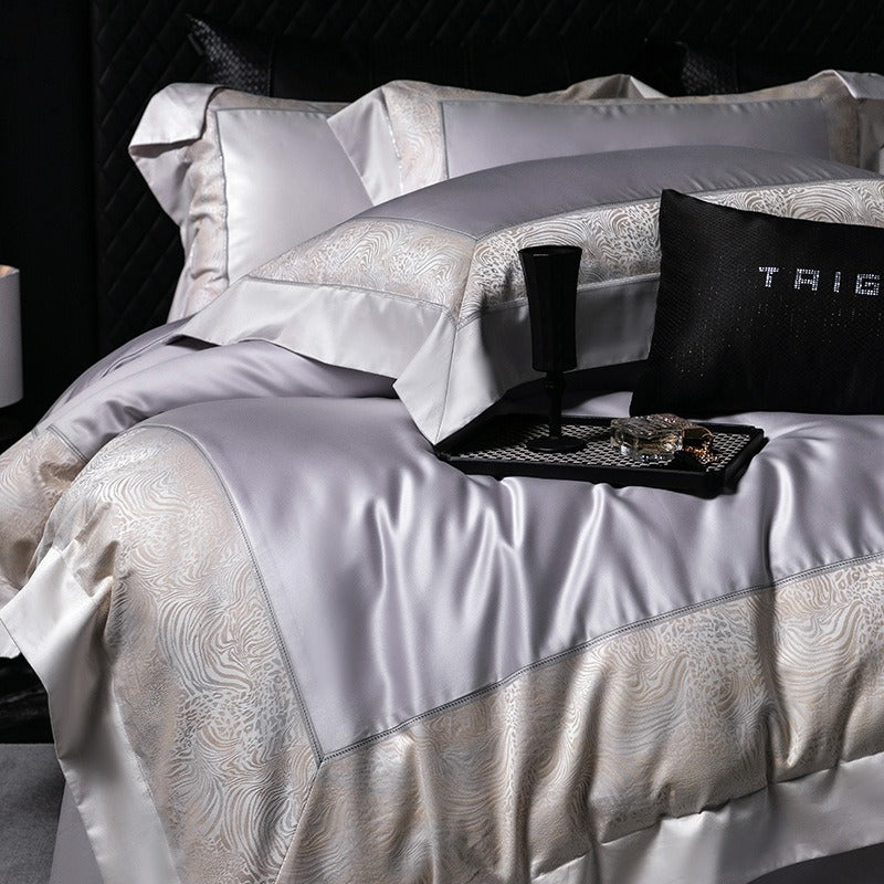 VILZSTUDIOS champagne and beige animal jacquard border duvet cover set with wide tailored flanges