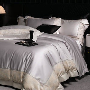 VILZSTUDIOS champagne and beige animal jacquard border duvet cover set with wide tailored flanges